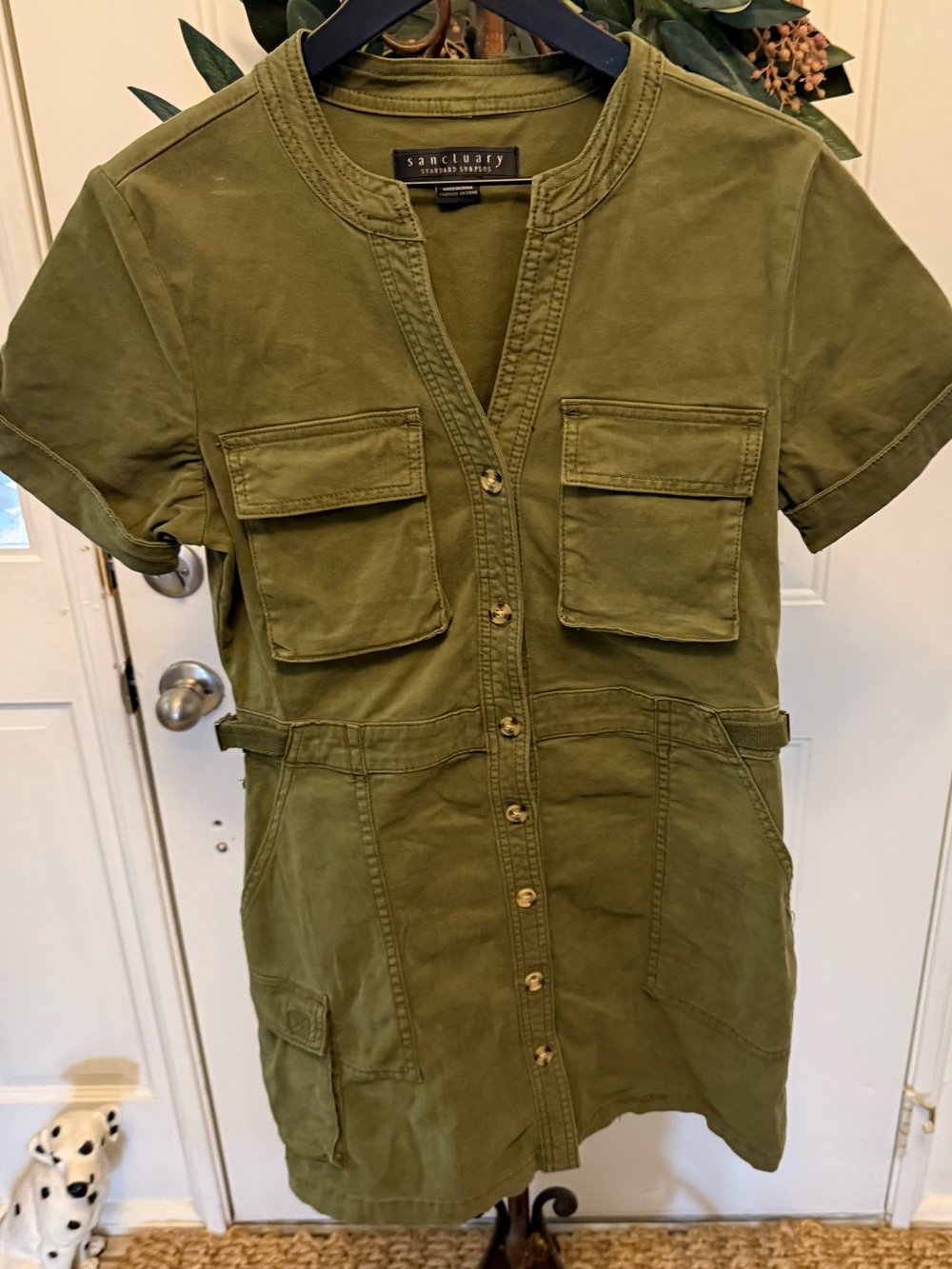 Sanctuary Reissue Utility Mini Button Front Dress Olive Green SS S
